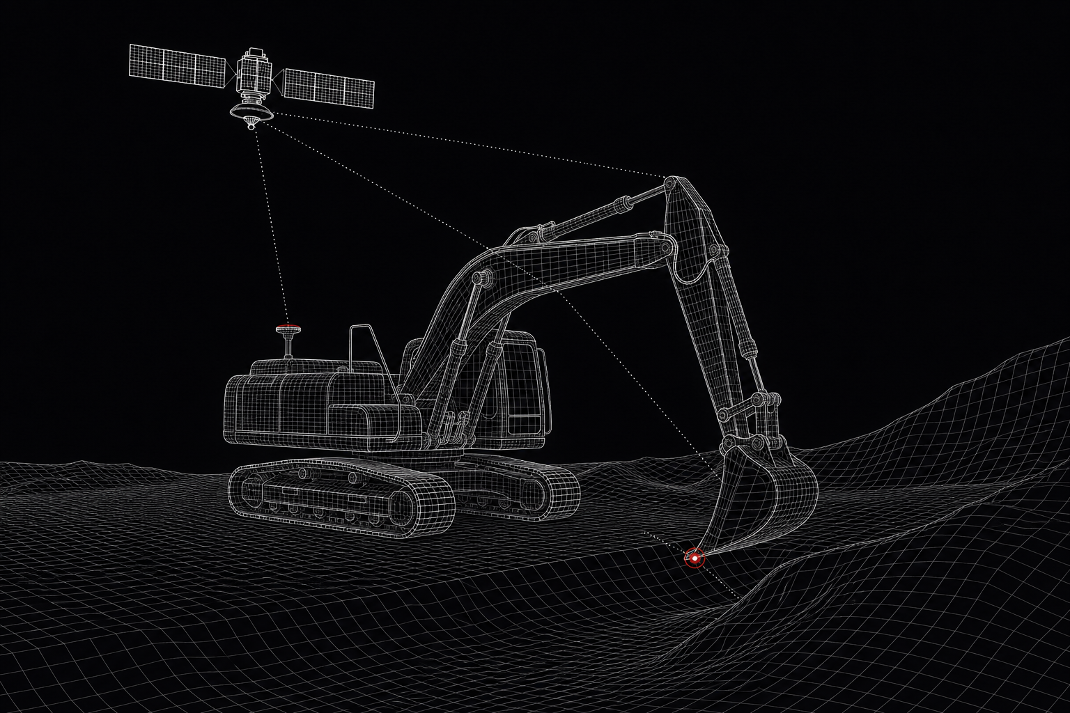 Escavatore wireframe guidato dal sistema GPS