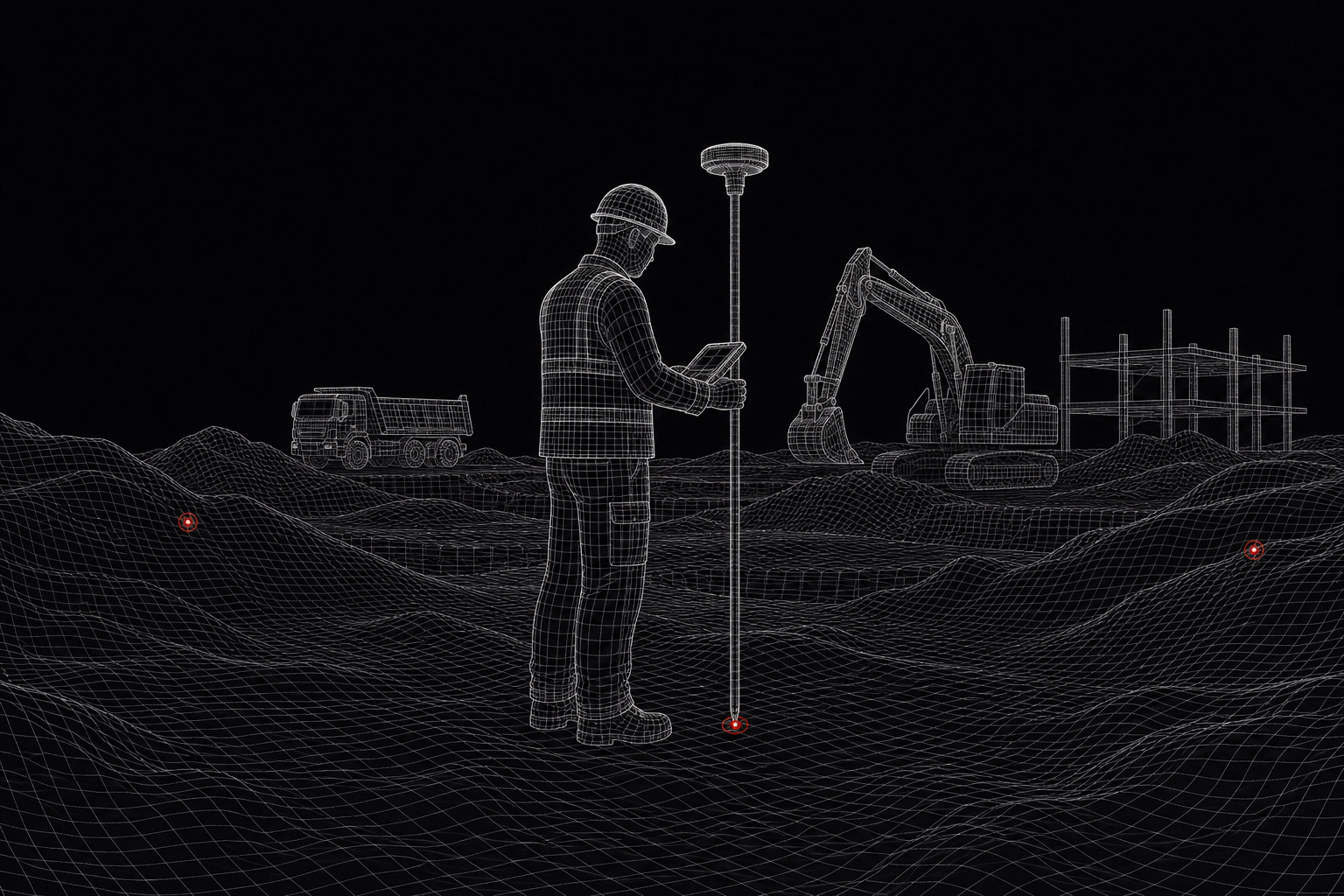 Tecnico che rileva il terreno esistente con strumentazione GNSS