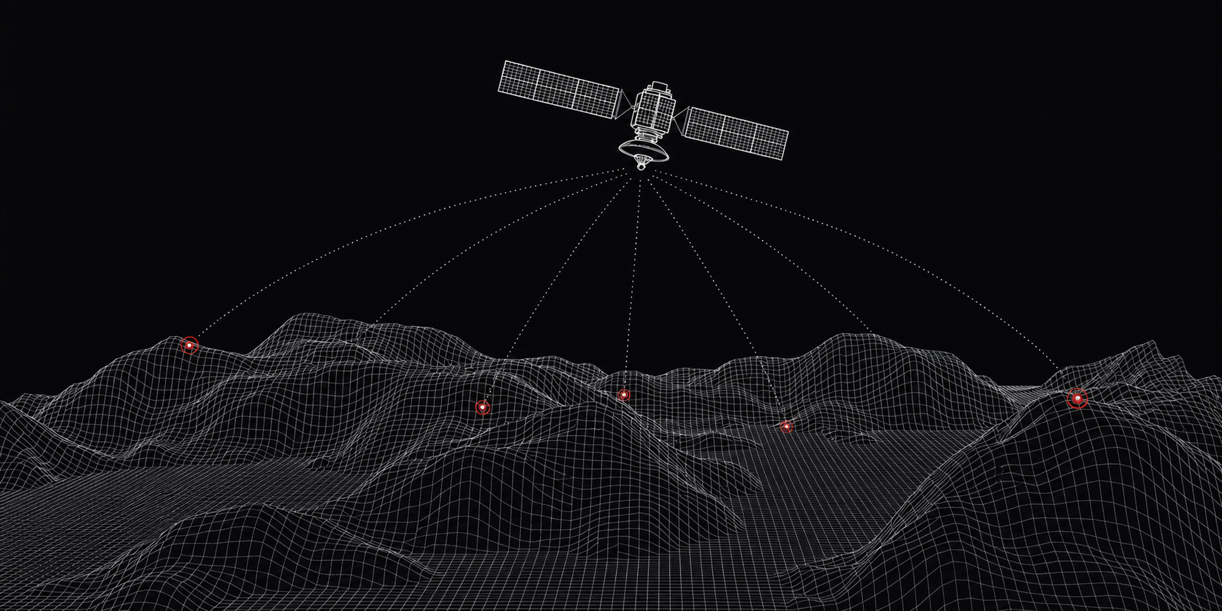 Modello digitale scuro del terreno a griglia con satellite e punti di rilievo