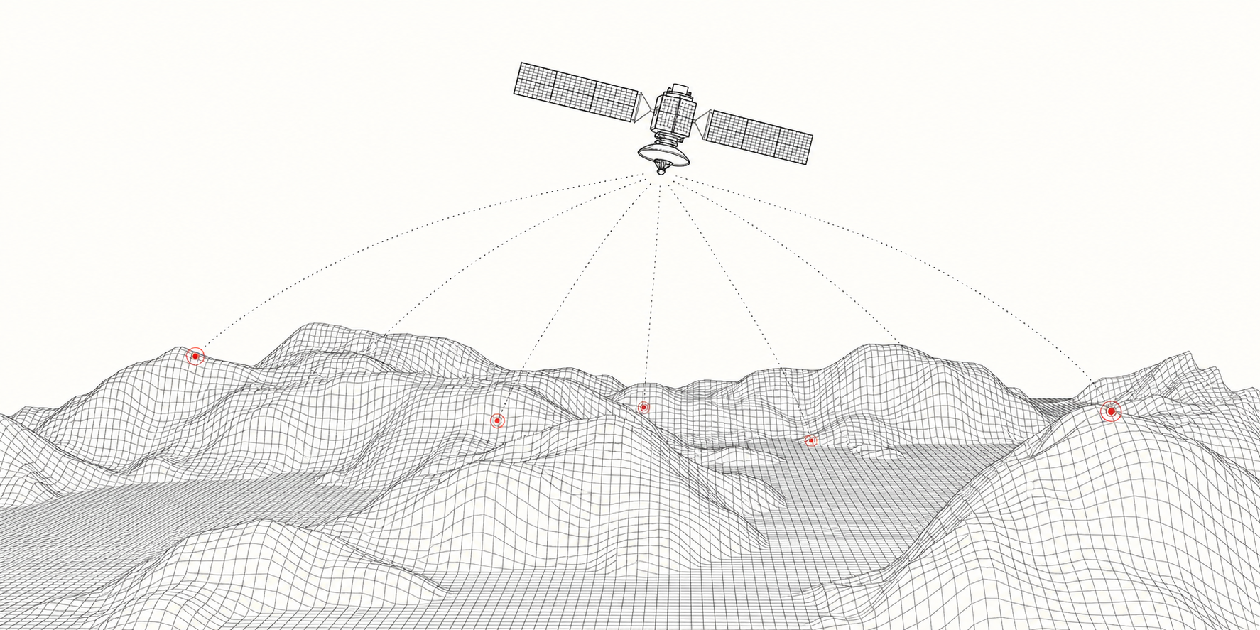 Modello digitale chiaro del terreno a griglia con satellite e punti di rilievo